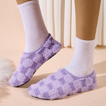 Imagem de Meias xadrez para mulheres e homens, quentes, para o inverno, descalças, confortáveis, confortáveis, para uso doméstico, ioga, casa, quarto, Roxa, 7.5-8.5 Women/6-7 Men