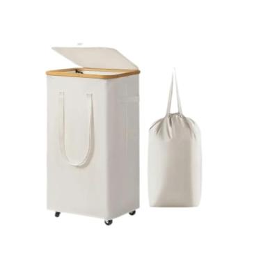 Imagem de Cesto de roupa grande com rodas, cesto de roupa rolante de 60 L com tampa e alça, cesto de roupa móvel resistente, design fino com rolamento com bolsa removível (branco)