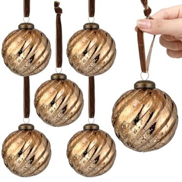 Imagem de Threan 6 peças de enfeites de Natal grandes vintage de vidro mercúrio 8 cm enfeites de bola de Natal pendurados em relevo antigo para decoração de guirlanda de árvore de Natal (marrom, torcida)