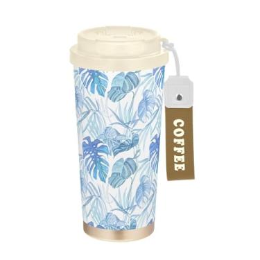 Imagem de SEHANY Caneca de viagem Green Leaves de 482 ml Copos de café reutilizáveis revestidos de cerâmica com tampa à prova de vazamento, parede dupla, isolamento a vácuo, copo de café de aço inoxidável para