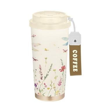 Imagem de SEHANY Caneca de viagem colorida de ervas silvestres de 500 ml Copos de café reutilizáveis revestidos de cerâmica com tampa à prova de vazamento, parede dupla, isolamento a vácuo, copo de café de aço