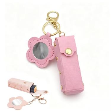 Imagem de Porta-chaves de batom portátil – Protetor labial espelhado em forma de coração, mangas protetoras de couro, suporte de batom para mulheres, viagens, armazenamento de maquiagem