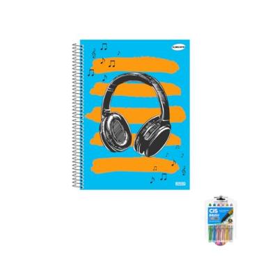 Imagem de Kit Caderno Masculino 10 Matérias Capa Dura 200 Folhas + Caneta Esferográfica Sortida + Marcador Artístico Estojo 6 Cores