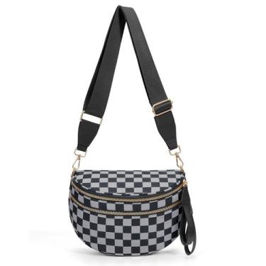 Imagem de Bolso Riñonera Cruzado de Nylon a Cuadros para Mujer A06 Negro Gris - 