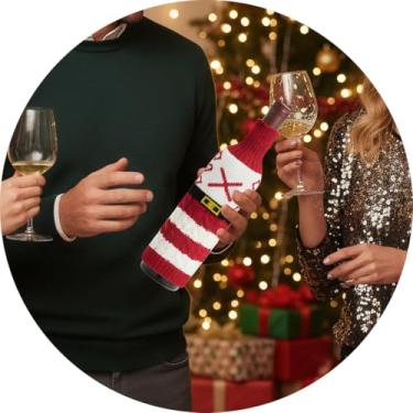 Imagem de Capa de garrafa de vinho, decoração de mesa de Natal divertida para festas de fim de ano, manga de vinho de malha para troca de presentes, decoração de casa
