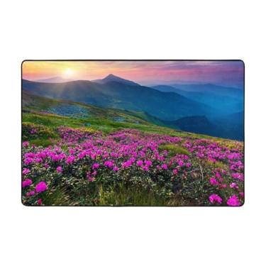 Imagem de ZERAOKE Tapetes de área de montanha com flores roxas, 5 x 9 m, tapetes de boas-vindas para entrada, tapetes absorventes antiderrapantes para quarto, lavável, felpudo, macio, tapete de porta para