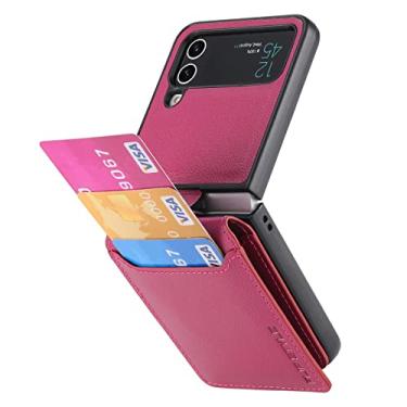 Imagem de Capa de telefone com suporte de cartão, capa de câmera e proteção de dobradiça, capa de couro magnético funciona com suportes magnéticos para carro capa de telefone para Samsung Galaxy Z Flip 4/3/2/1 (Z Flip 3 roxo)