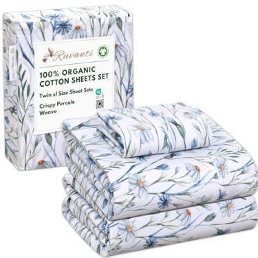 Imagem de RUVANTI Lençóis 100% algodão orgânico Twin XL, tecido percal, certificado GOTS, conjunto de 3 peças, bolso profundo de 38 cm, nítido e respirável, roupa de cama macia e durável, Sábanas Algodón