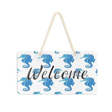 Imagem de Burbuja Placa de boas-vindas Blue Seahorses para porta da frente, placa de boas-vindas de PVC para decoração de férias de casa de fazenda, 15 x 28 cm