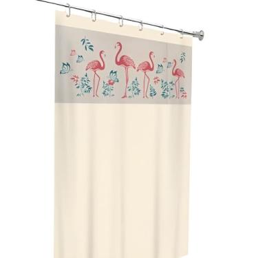 Imagem de Cortina de Box Bege com Visor Flamingo e Cacto, Design Tropical com Borboletas