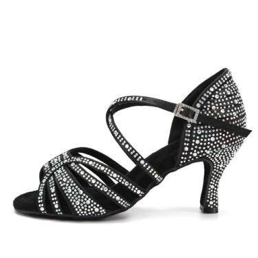 Imagem de HROYL Tênis feminino de dança de salão com strass YCL356, Salto de 7,6 cm Preto-l356, 35