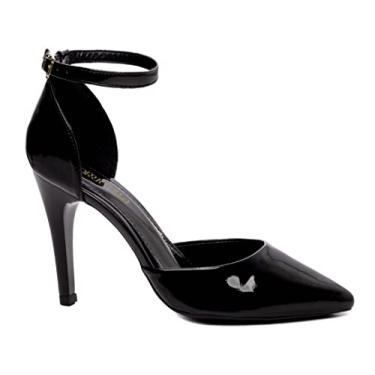Imagem de SAPATO SCARPIN SAIA E BLUSA FEMININO TORRICELLA VERNIZ PRETO FIVELA DE AJUSTE NA COR DOURADO SALTO FINO,NÚMERO 37