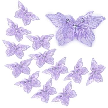 Imagem de FixrWre 12 peças 3D strass renda bordado borboletas apliques, costura artesanato dupla camada organza remendos para vestido de noiva casamento roupas chapéu cortina (roxo)