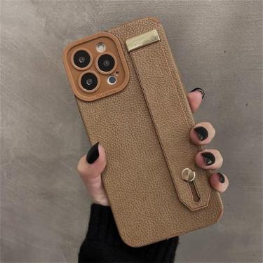 Imagem de Capa de couro com suporte para pulseira de pulso para iPhone 16 15 11 12 13 14 Pro Max XS X XR 8 7 Plus Capa de silicone macio, cáqui, para iPhone XR