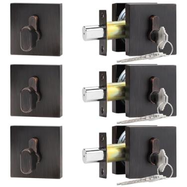 Imagem de Probrico Fechaduras de cilindro único com chave (pacote com 3) fechaduras de entrada e porta da frente Conjunto quadrado de bronze polido a óleo com as mesmas chaves, ferragens antifurto para portas