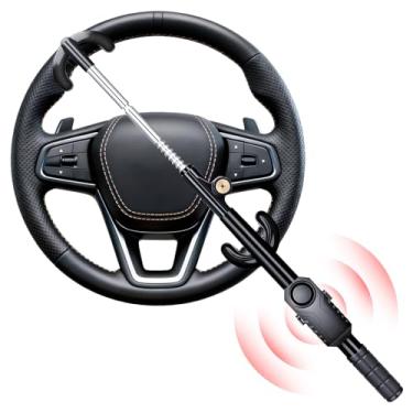 Imagem de ELECTOP Trava de volante preta com dispositivo antifurto de alarme de carro de 113 dB, gancho duplo, trava de carro com trava ajustável e 2 teclas, sistema de alarme de carro com sensor de movimento