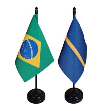 Imagem de Kit Bandeira de Mesa Brasil e Nauru, Decorativa, 26cm Altura Total, Multicolorido, 18x11cm, Escritório e Eventos, Oxford, Base Plástica, Face Única