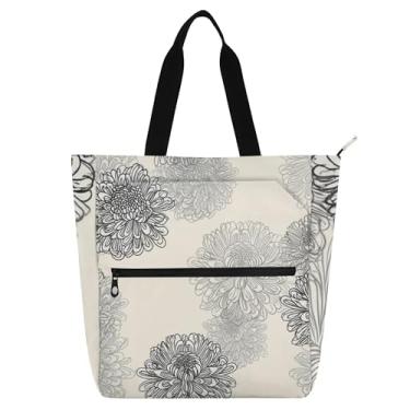 Imagem de GAIGEO Bolsa feminina de crisântemo com flor, preta, cinza, para escola, trabalho, zíper para livros, bolsa média de lona para professores