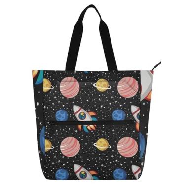 Imagem de GAIGEO Sacolas femininas Planets pretas de lona para escola, bolsa para livros, bolsa infantil fofa com compartimentos