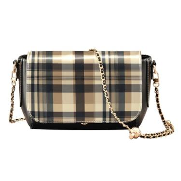 Imagem de Bolsas de ombro femininas feitas à mão com arte natalina, tamanho médio, bolsa transversal com corrente, tiracolo feminina de couro, Xadrez nas cores preto e marrom - 3, One Size