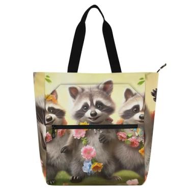 Imagem de GAIGEO Bolsa feminina engraçada de flores de guaxinins, bolsa de trabalho de lona, praia, livros, bolsa carteiro com zíper e compartimentos