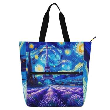 Imagem de Bolsa feminina Starry Night Lavender Eiffel para trabalho, lona, bolsa de tecido, faculdade, escola, carteiro, livros, presente