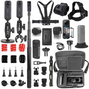 Imagem de PellKing Kit de acessórios para insta360 X5, estojo de transporte incluído com cinto, 2 peças de adaptador de metal de 1/10.2 cm, braçadeira de guidão, suporte magnético, bastão de selfie de 109 cm