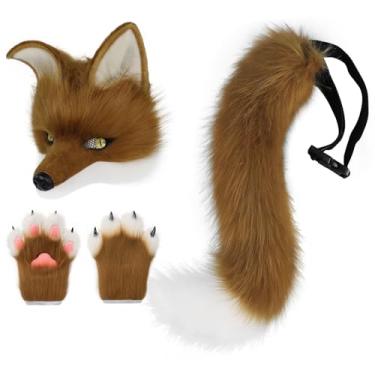 Imagem de HAOAN Conjunto de máscara de lobo de cachorro de pele sintética de pelúcia Therian, conjunto de luvas de cauda de raposa, acessórios para fantasia de cosplay de Halloween, Marrom, branco, tamanho �