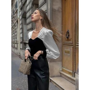 Imagem de Blusa feminina de veludo preto e cetim branco - blusa formal com gola quadrada e manga bufante, Preto, Large