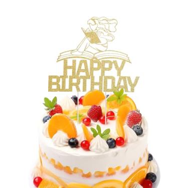 Imagem de Topo de Bolo Aniversário Tema Leitura, Dourado Glitter Topo de Bolo Aniversário para Festas Meninas Mulheres e Estudantes Amantes Livros Lembrancinhas e Decoração