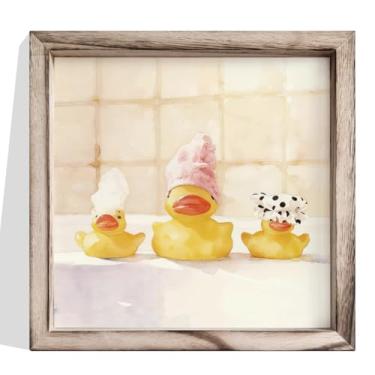 Imagem de Decoração de parede de banheiro, três patos de borracha com touca de banho, aquarela, linda impressão de arte de pato, quadro de madeira emoldurada para pendurar na área da banheira ou lavabo