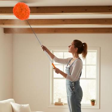 Imagem de Espanador de penas extensível removedor de poeira telescópico para móveis de carro de escritório doméstico ferramenta multiuso de limpeza de teto alto (laranja, cabeça redonda)