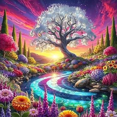 Imagem de AWLNKMC Kits de pintura de arte de diamante do pôr do sol da árvore da vida para adultos, kits de pintura de diamante para adultos iniciantes, kits de arte 5D faça você mesmo para adultos, decoração