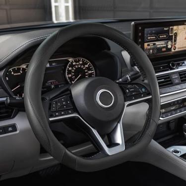 Imagem de ANMOSVO Capa de volante de carro de fundo plano para Nissan Rogue/Altima/Kicks/Maxima| Aderência antiderrapante e design em forma de D para volantes Nissan Rogue Altima Kicks de 14,5 a 38 polegadas