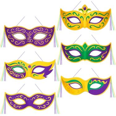 Imagem de Gilprop 6 peças de decorações de carnaval ao ar livre carnaval bandeira verde roxo dourado sinal de varanda tema decorações de festa para entrada frontal cerca varanda baile de máscaras festa de