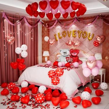 Imagem de Decorações vermelhas de dia dos namorados com balões vermelhos de coração e balão do amor, pétalas de rosa falsas para decoração de casamento, decorações de aniversário românticas com balões de látex