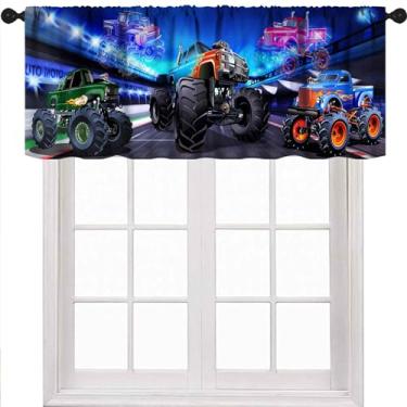 Imagem de Lnepty Sanefa de carro de corrida para quarto de meninos, frota 3D, carro de corrida, estádio, jogo, tema caminhão monstro, azul, tratamento de janela para quarto de crianças adolescentes, berçário