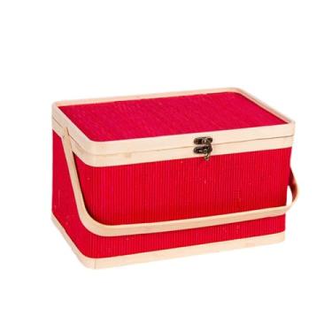 Imagem de ＫＬＫＣＭＳ Cesta de bambu trançado, cesta para frutas e pães com tampa e alça, ideal para piqueniques lanches, Vermelho