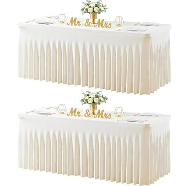 Imagem de Toalha de mesa marfim para mesas retangulares de 2,3 m, capa de mesa elástica de elastano com saia, chá de bebê, festa de aniversário, banquete, babados, toalha de mesa de casamento, saia de mesa