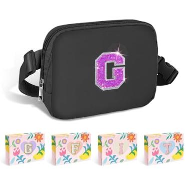 Imagem de COSHAYSOO Pochete de cintura pequena com faixa ajustável com inicial de letra remendo alça ajustável para mulheres adolescentes correndo viajando academia caminhadas, mini bolsa transversal de viagem transversal transversal bolsa moderna, Preto, Small, G