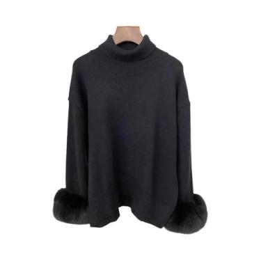 Imagem de Suéter Feminino De Tricô Com Mangas De Pele De Raposa, Ajuste Slim, Mo