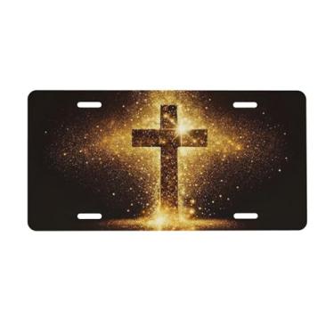 Imagem de Placa de licença frontal com cruz dourada com glitter cristã religiosa placa decorativa de alumínio placa de carro de metal 15 x 30 cm capa de etiqueta de vaidade novidade com 4 furos acessório de