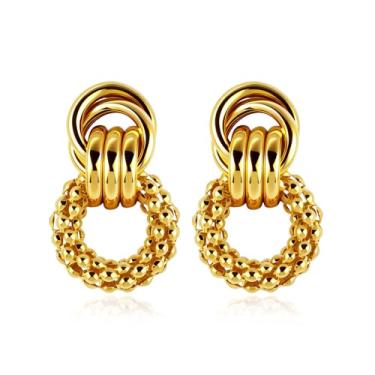 Imagem de ANGLEQUEEN Brincos de ouro grosso para mulheres 14K banhado a ouro 14 quilates brincos de argola de nó redondo brinco de declaração de ouro vintage brinco de gota brinco joia moderna presente para