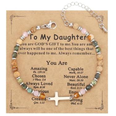 Imagem de Emibele Pulseira de cruz religiosa para mulheres, pulseiras de contas de cruz cristã com pedra natural, joias religiosas de fé cristã, meias para mulheres, joias de amizade