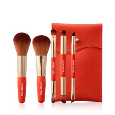 Imagem de Conjunto de pincéis de maquiagem com estojo de viagem – 5 peças de pincéis cosméticos profissionais para base, pó, blush, sombra e mistura – cerdas macias com bolsa portátil