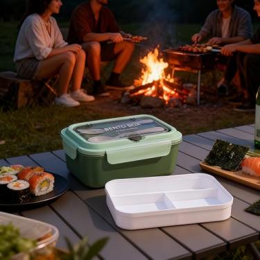 Imagem de 1 caixa Nordic Bento com 3 compartimentos à prova de vazamento, PP livre de BPA com utensílios de aço inoxidável 304 para preparação de refeições de escritório e viagem, verde