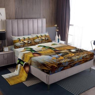 Imagem de Erosebridal Jogo de lençol solteiro de algodão pato selvagem, animais selvagens, caçador de pato, para jovens, adolescentes, crianças, meninos, meninas, lago, natureza, grama, nuvem, casa de fazenda