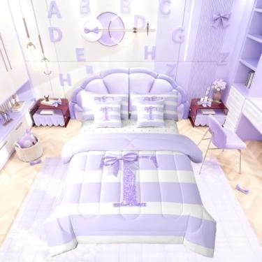 Imagem de Erosebridal Conjunto de cama casal com letra T, 7 peças, com lantejoulas; conjunto de cama com laço e laço roxo para crianças, meninas, adolescentes, mulheres, monograma, listras, conjunto de cama