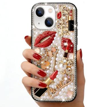 Imagem de Bonitec Compatível com iPhone 13 Bling Case para mulheres meninas luxo 3D diamante cristal strass batom lábios salto alto floral brilhante pérola glitter protetor feminino bonito designer transparente