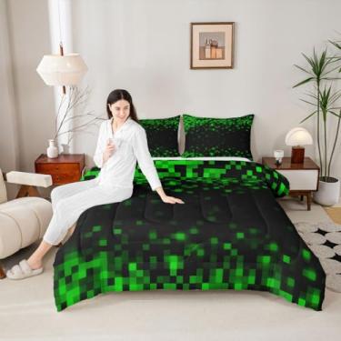 Imagem de Castle Fairy Conjunto de edredom com estampa de mineiro, tamanho casal, 3 peças, preto e verde, xadrez, para crianças, adolescentes e adultos, conjunto de edredom com 2 fronhas